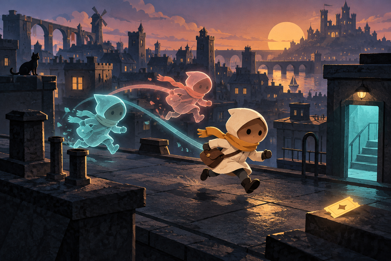 A lantern-coloured courier racing rooftop echoes through a castle city